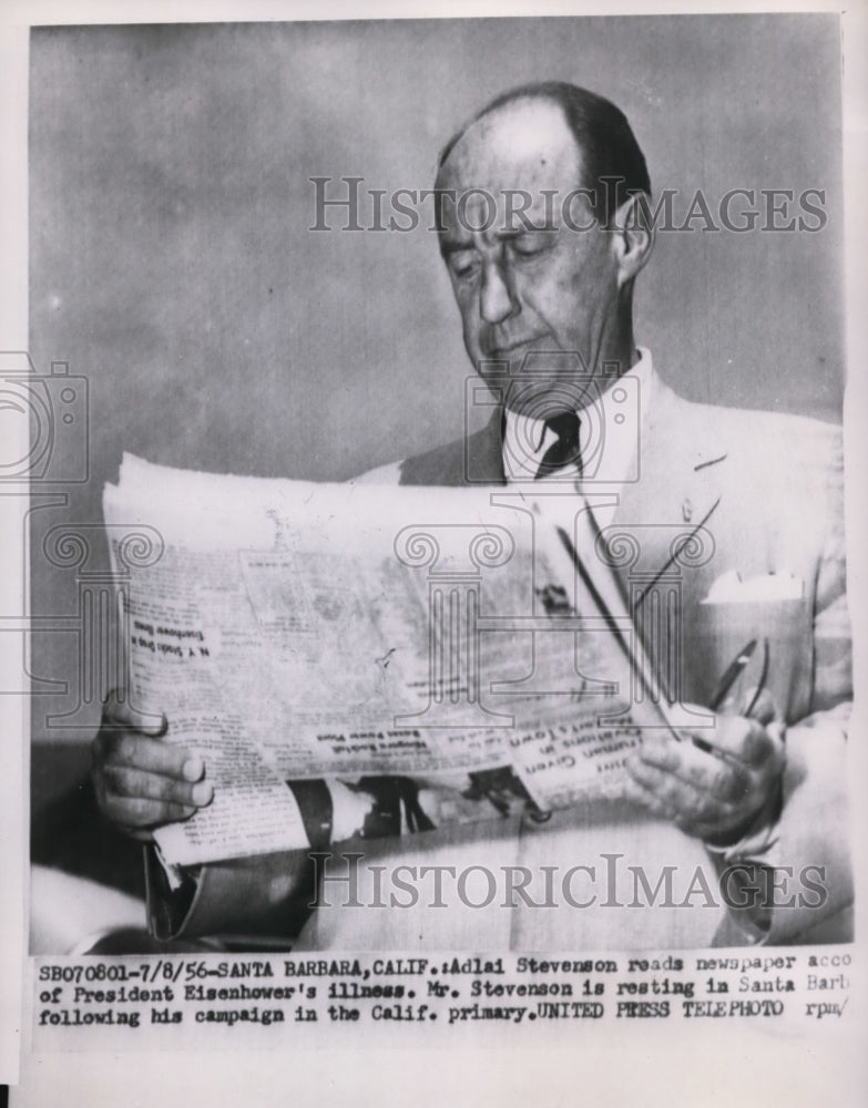 1956 Press Photo Adlai Stevenson Reads Newspaper Account of Eisenhower&#39;s Illness - Historic Images