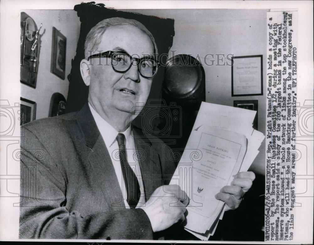 1963 Press Photo Rep Wright Patman Holds House Small Business Cmte Report Copy - Historic Images