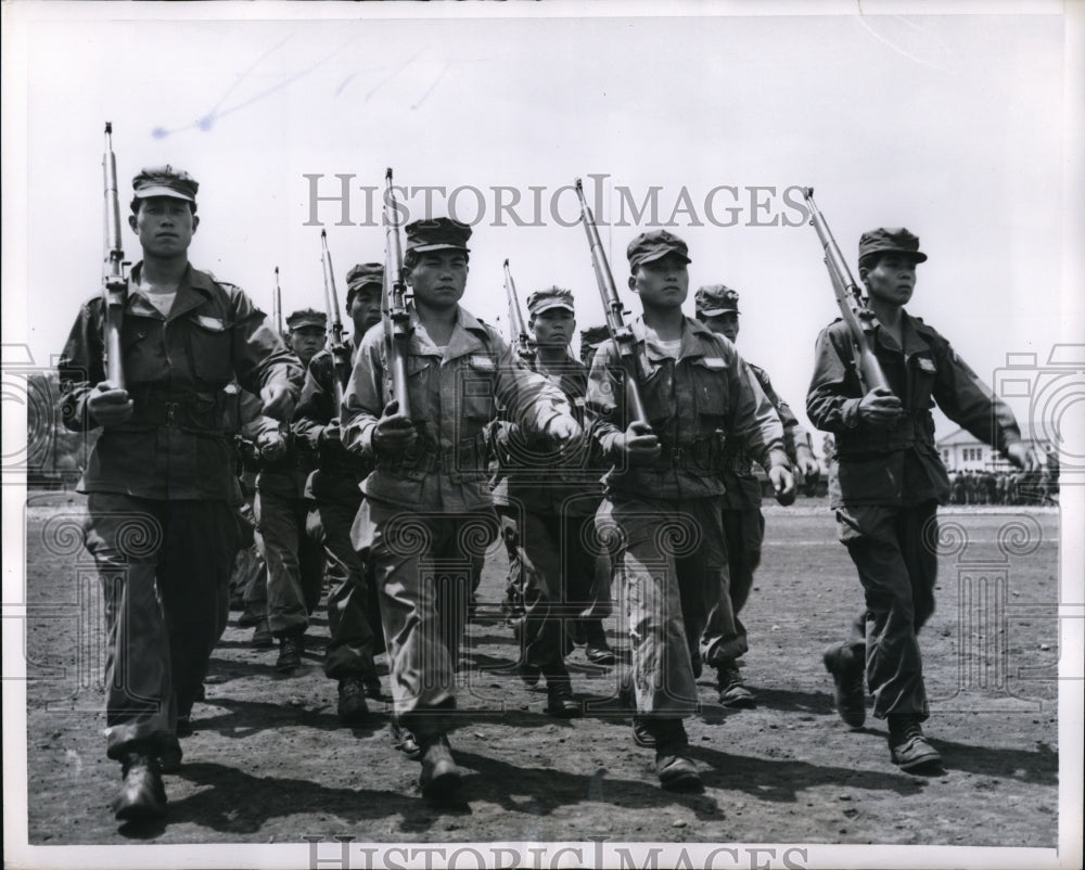 1955 Japanese soldiers drill at Nerima Infantry Camp near Tokyo - Historic Images