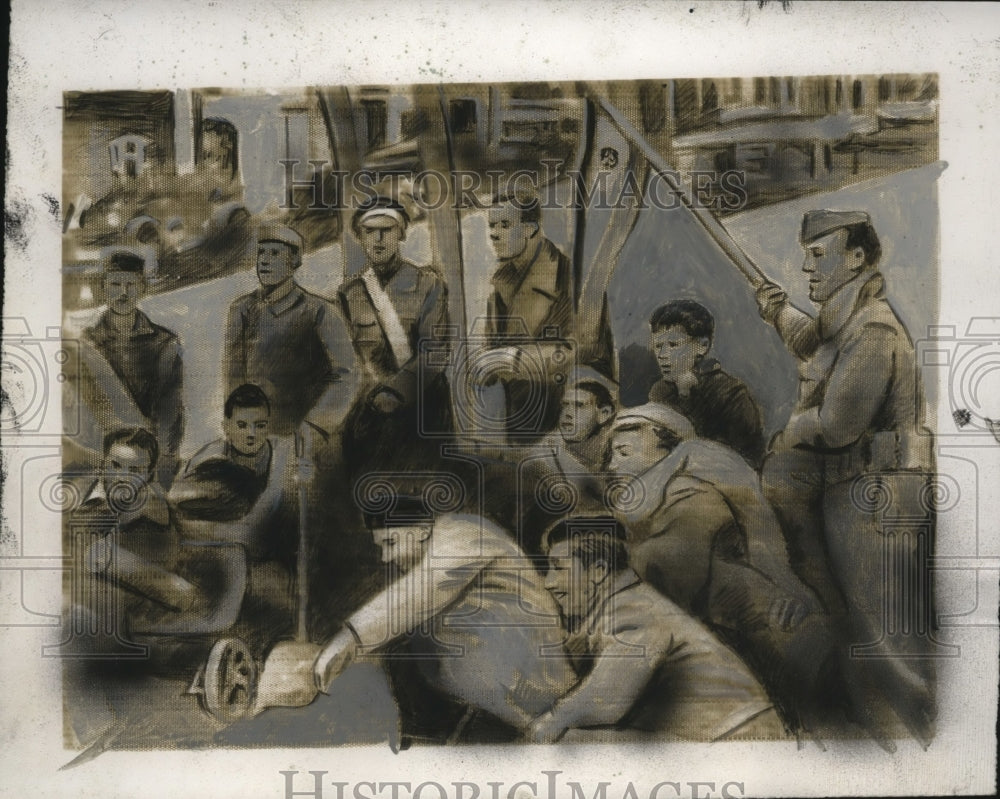 1939 Press Photo Barcelona Navarrese troops holding Rebel flag during occupation- Historic Images