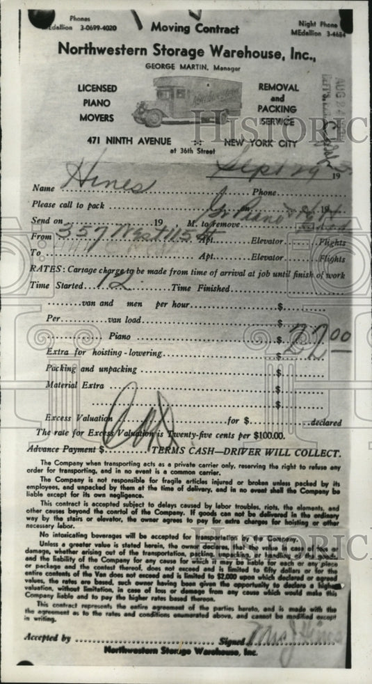 1938 New York Moving van company receipt evidence in Hines trial - Historic Images