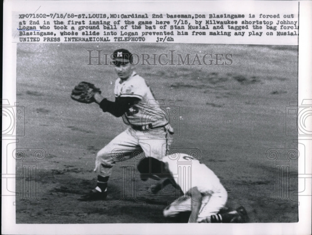 1958 Press Photo Milwaukee Braves Shortstop Johnny Logan & Cardinal 2nd Baseman - Historic Images