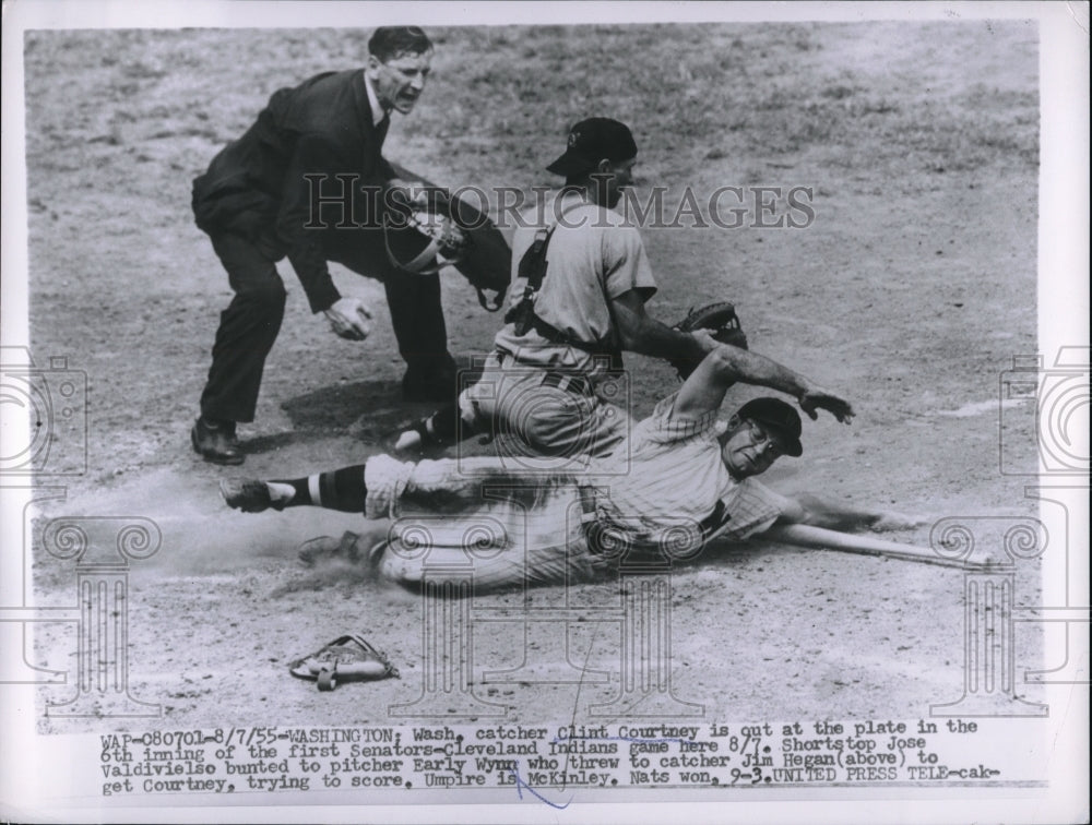 1955 Press Photo Senator Clint Courtney out at home vs Indians Jim Hegan - Historic Images