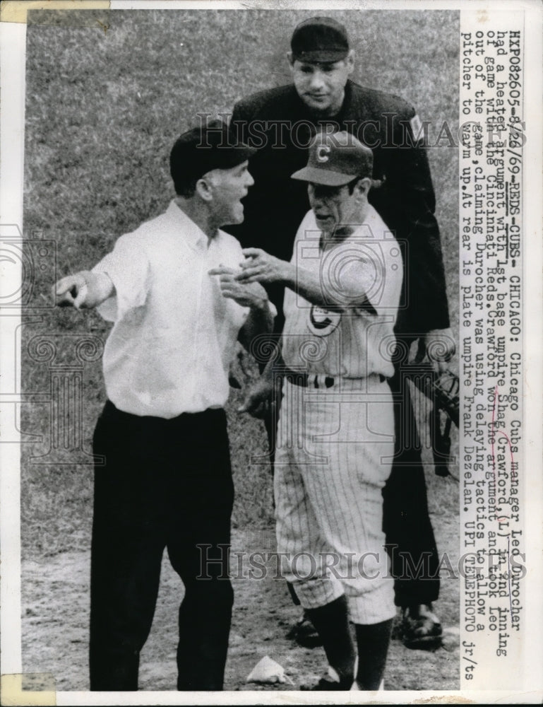 1969 Press Photo Leo Durocher Manager Cubs Argues With Umpire Shag Crawford MLB - Historic Images