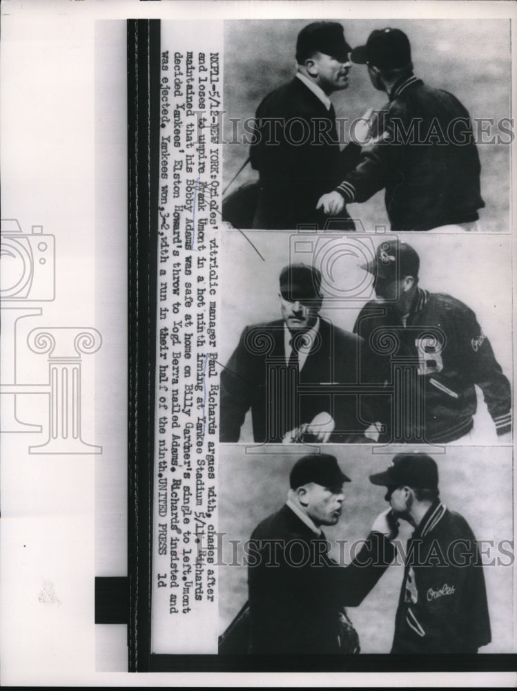 1956 Press Photo Orioles Manager Paul Richards Argues with Umpire Frank Umont - Historic Images