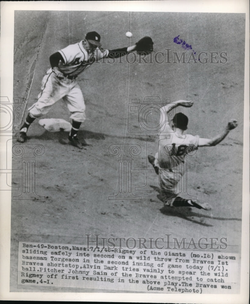 1948 Press Photo Bill Rigney of Giants Slides, Alvin Dark of Boston Braves - Historic Images