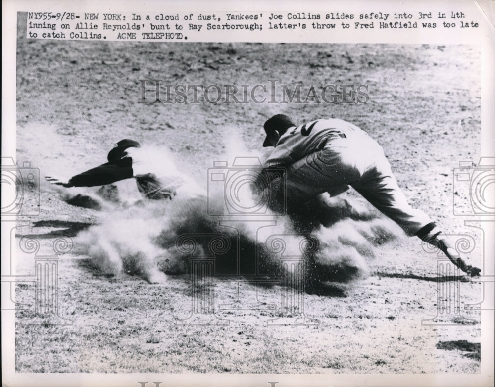 1951 Press Photo Yankees Joe Collins Sliding into 3rd on Allie Reynolds - Historic Images