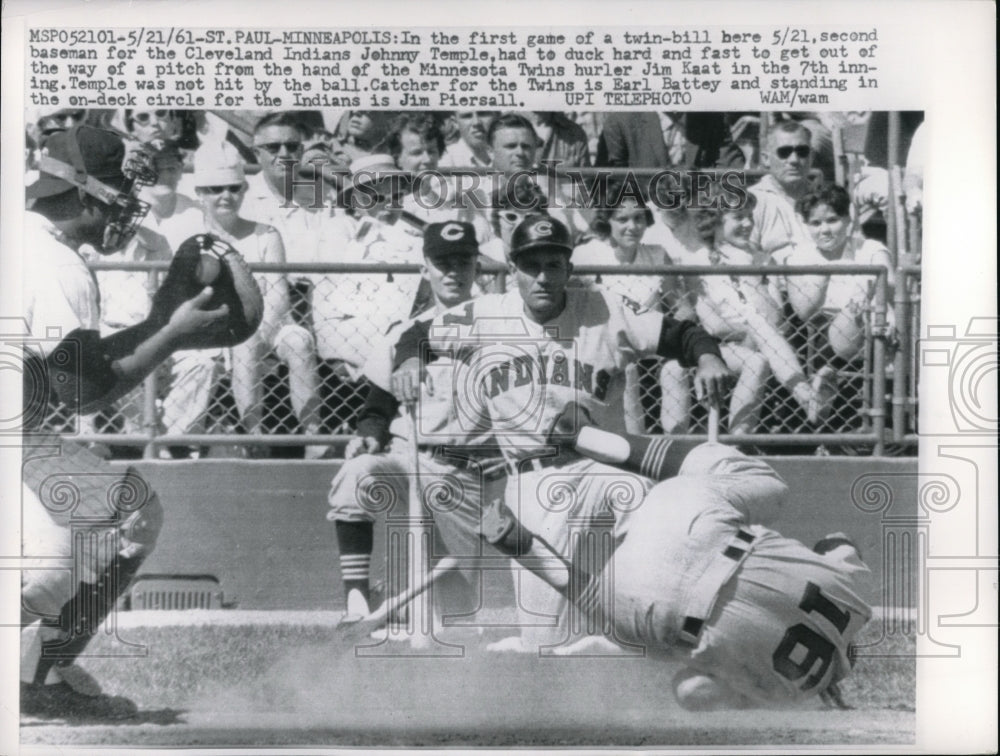 1961 Press Photo Johnny Temple of Indians Ducks From Pitch, Earl Battey of Twins - Historic Images