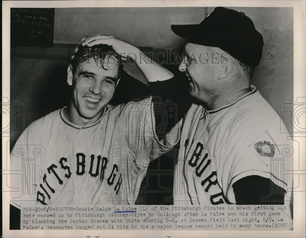 1951 Press Photo Ralph La Palme Pirates Clyde McCullough Catcher Boston MLB - Historic Images