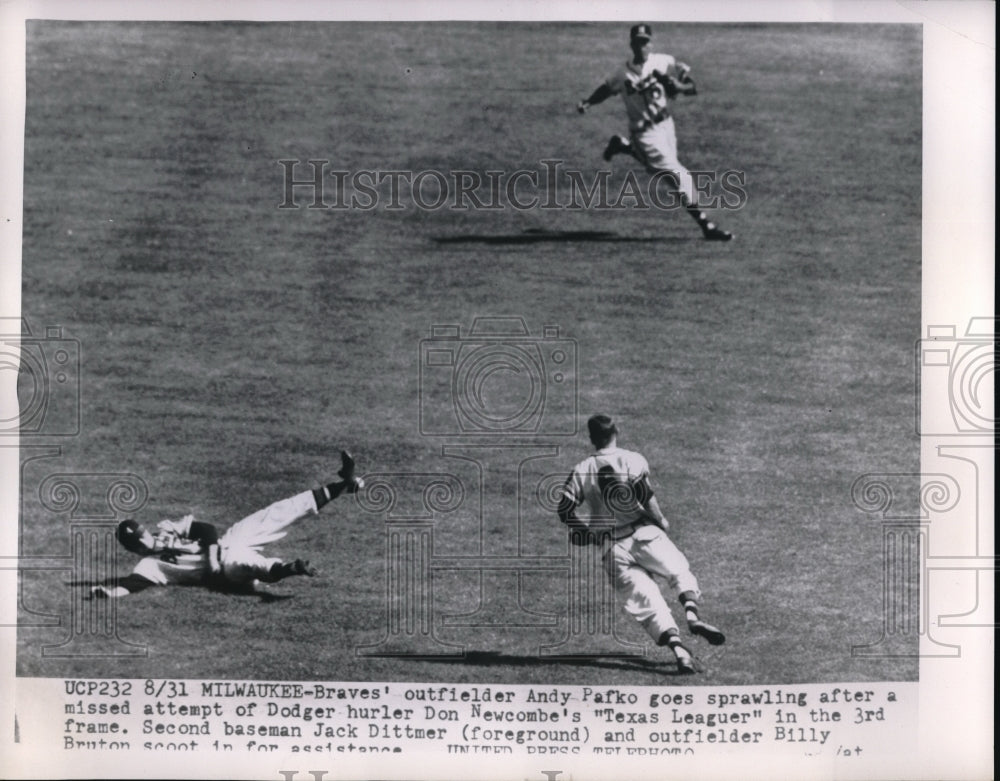 1954 Press Photo Braves Andy Pafko & Jack Dittmer, Billy Bruton in action - Historic Images