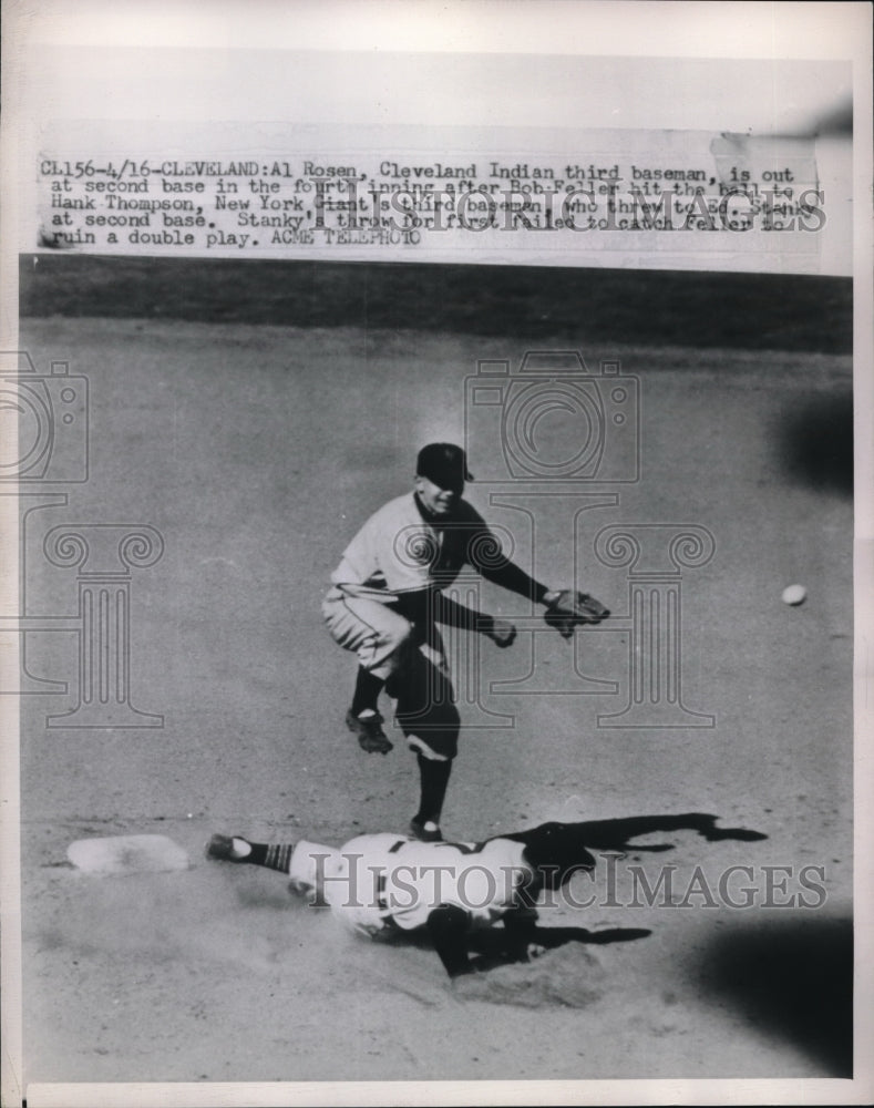 1950 Press Photo Al Rosen Indians Out At 2nd By Ed Stanky Giants MLB Baseball - Historic Images