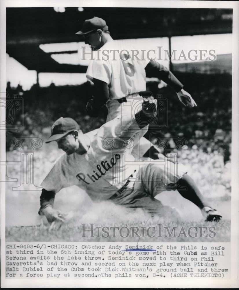 1950 Press Photo Catcher Andy Seminick of Phillies Safe at 3rd - nes00647 - Historic Images