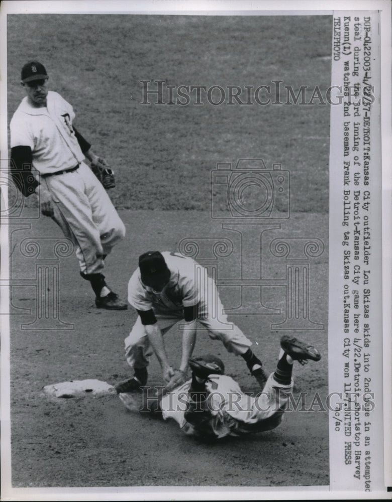 1957 Press Photo Kansas City Outfielder Lou Skizas Versus Detroit - nes00687 - Historic Images