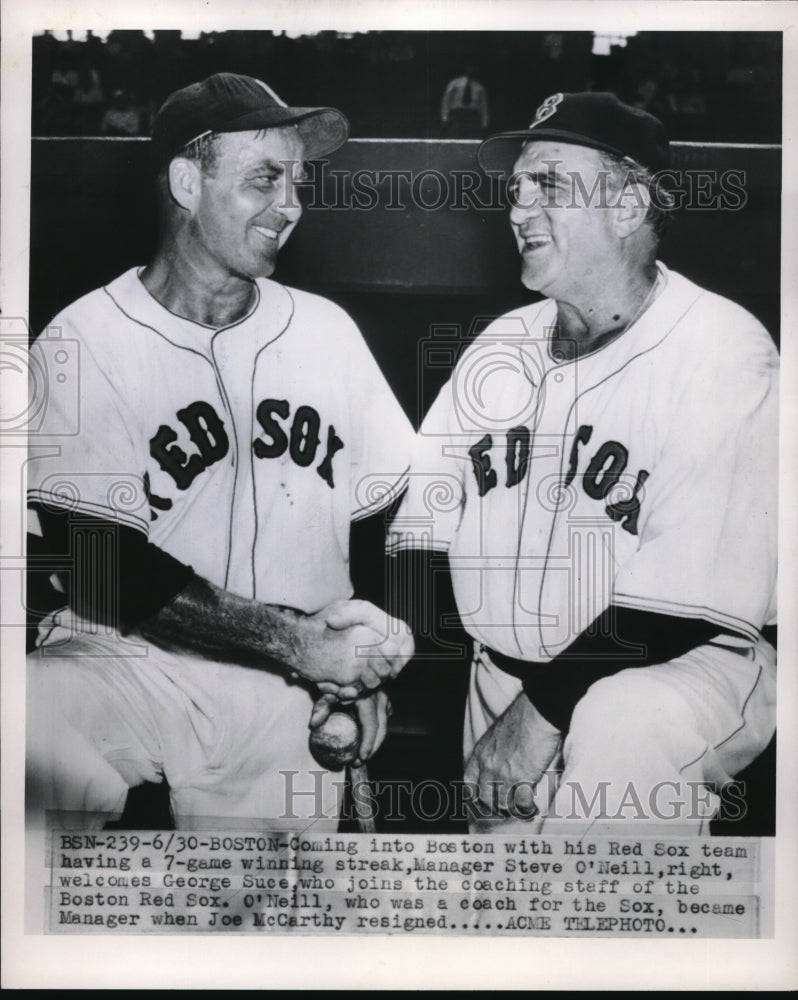 1950 Press Photo Manager Steve O&#39;Neill Welcomes Coach George Suce Boston Red Sox - Historic Images