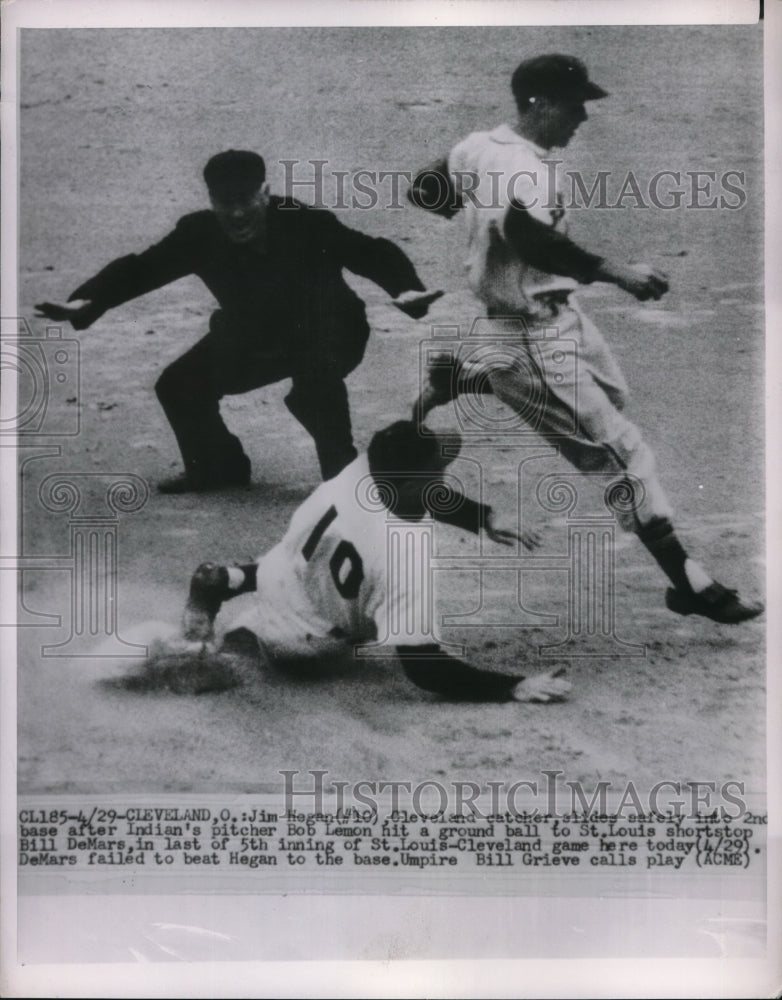 1950 Press Photo Jim Hegan of Indians Slides to Second, Bill DeMars of St. Louis - Historic Images