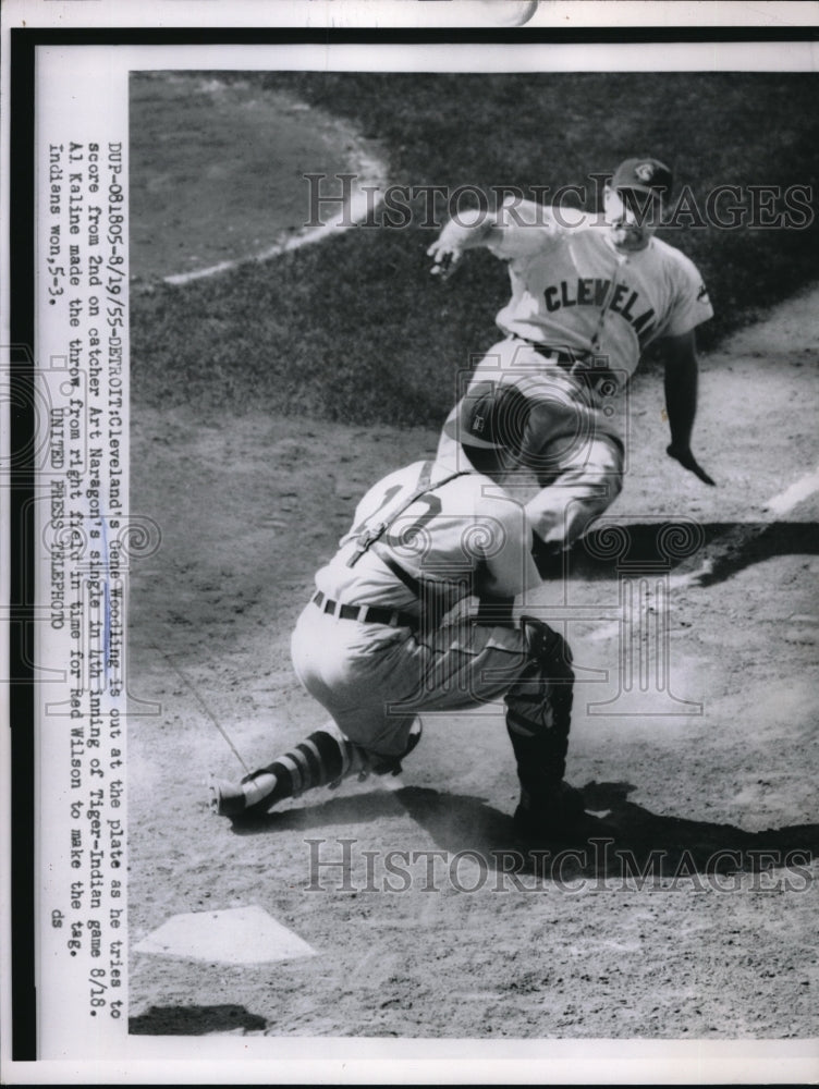1955 Press Photo Gene Woodling Indians Out At Plate By Red Wilson Tigers MLB - Historic Images