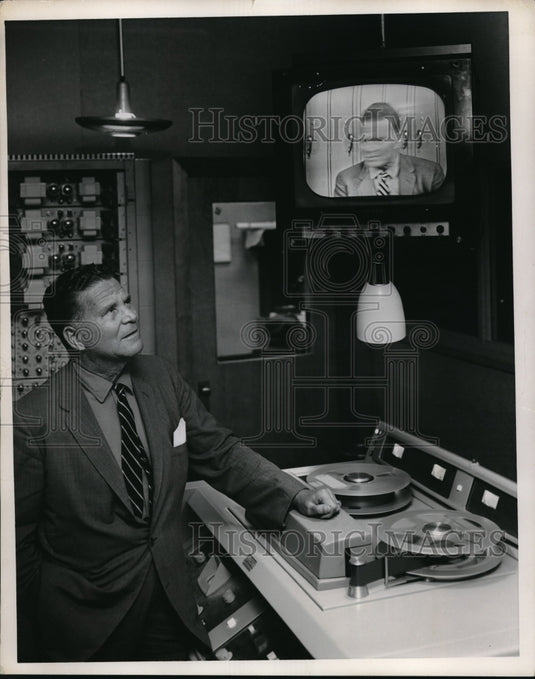 1959 Press Photo Frank Lane looking at video tape machine & TV - nes00970 - Historic Images