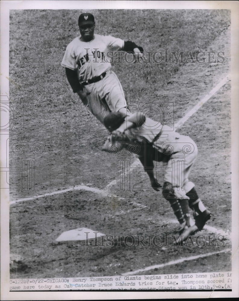 19511 Press Photo Henry Thompson Giants Scores Run Bruce Edwards Cubs MLB - Historic Images