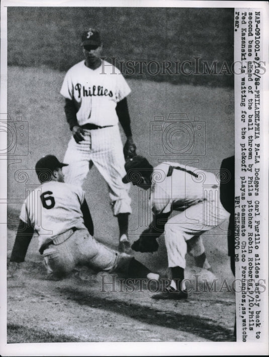 1958 Press Photo Carl Furillo of Dodgers Slides, Kazanski and Fernandez of Phils - Historic Images