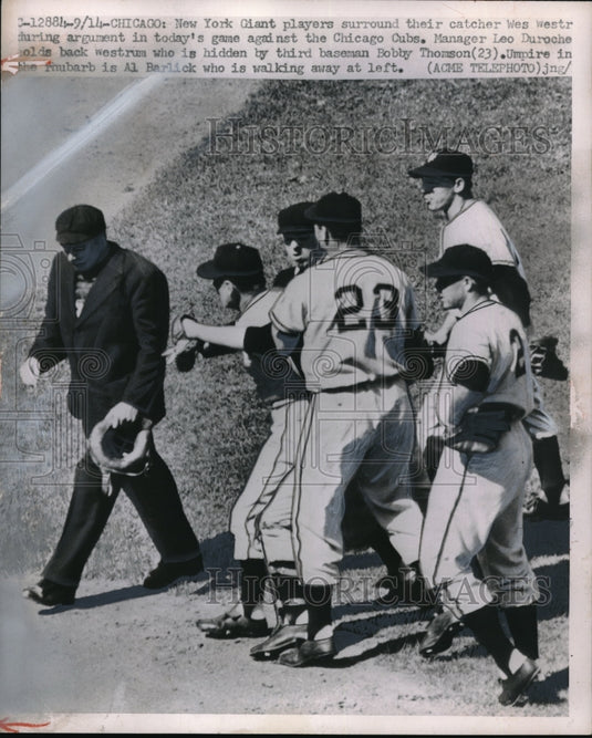 1951 Press Photo New York Giants Manager Leo Duroche holds back Westrum, Barlick - Historic Images