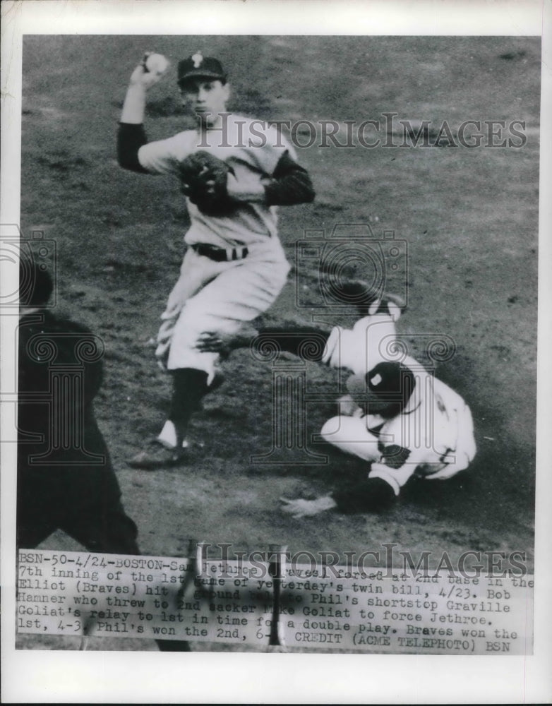 1950 Press Photo Sam Jethroe of Braves forced out in double play versus Phillies - Historic Images