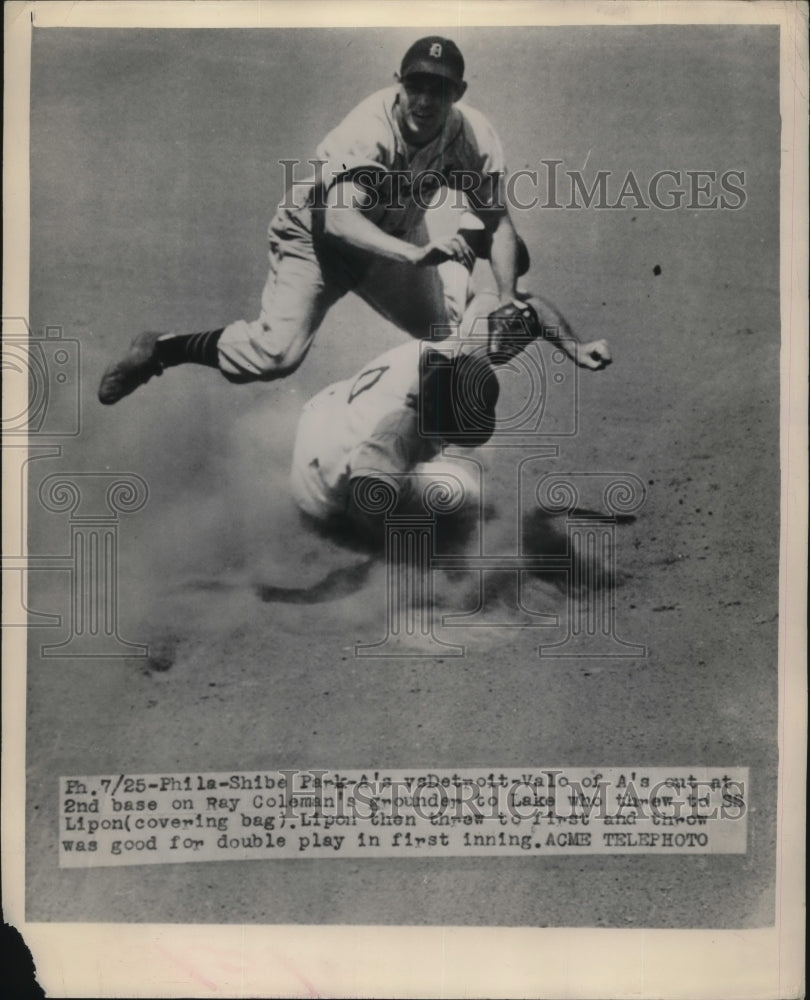 1948 Press Photo Valo of Philadelphia A&#39;s is Out, Lipon of Detroit Makes Double - Historic Images