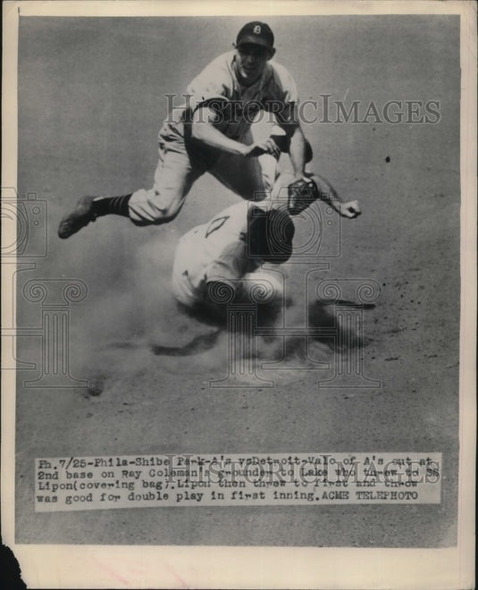 1948 Press Photo Valo of Philadelphia A's is Out, Lipon of Detroit Makes Double - Historic Images