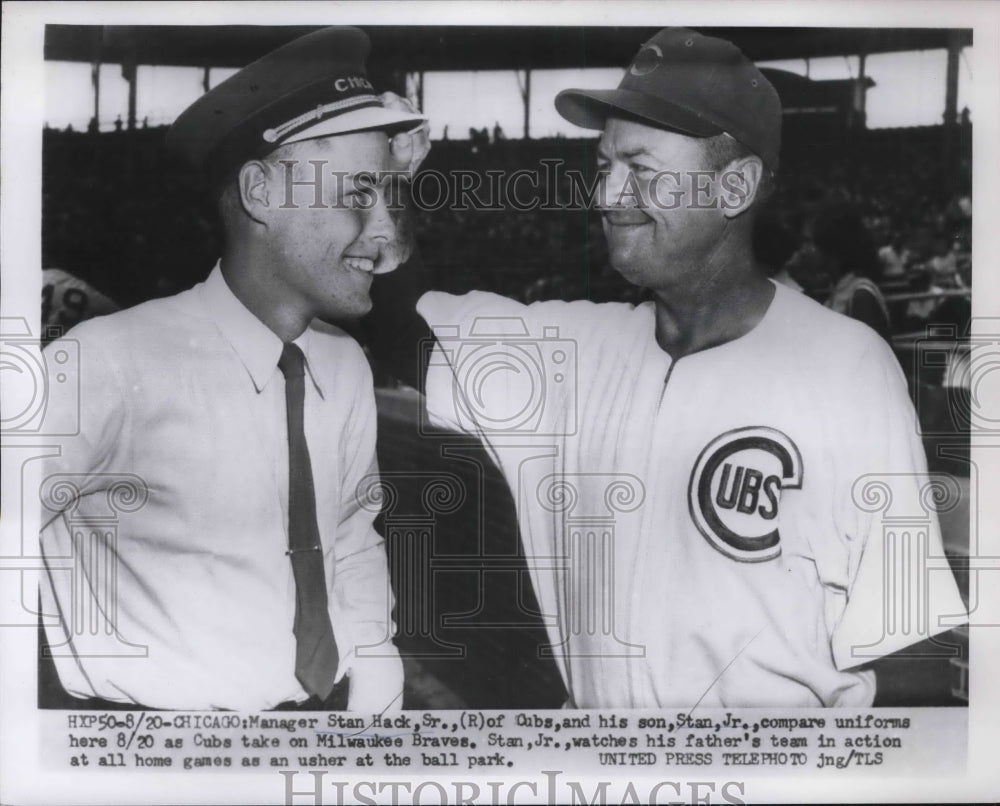 1954 Press Photo Stan Hack Manager Chicago Cubs With Son Braves Game MLB - Historic Images