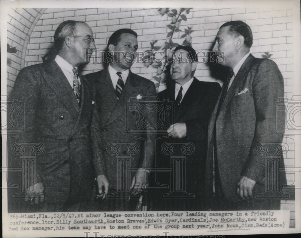 1947 Press Photo Braves B. Southwest, Cardinals E. Dyer, Red Sox J. McCarthy - Historic Images