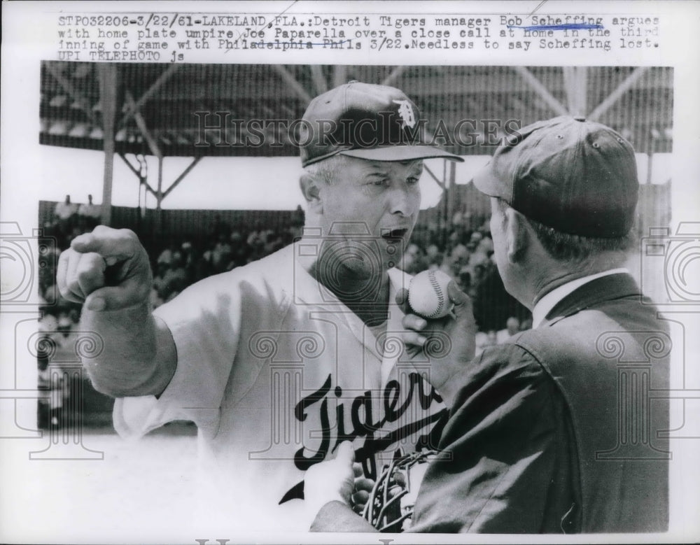 1961 Press Photo Detroit Tigers Bob Scheffing Argues with Umpire Joe Paparella - Historic Images