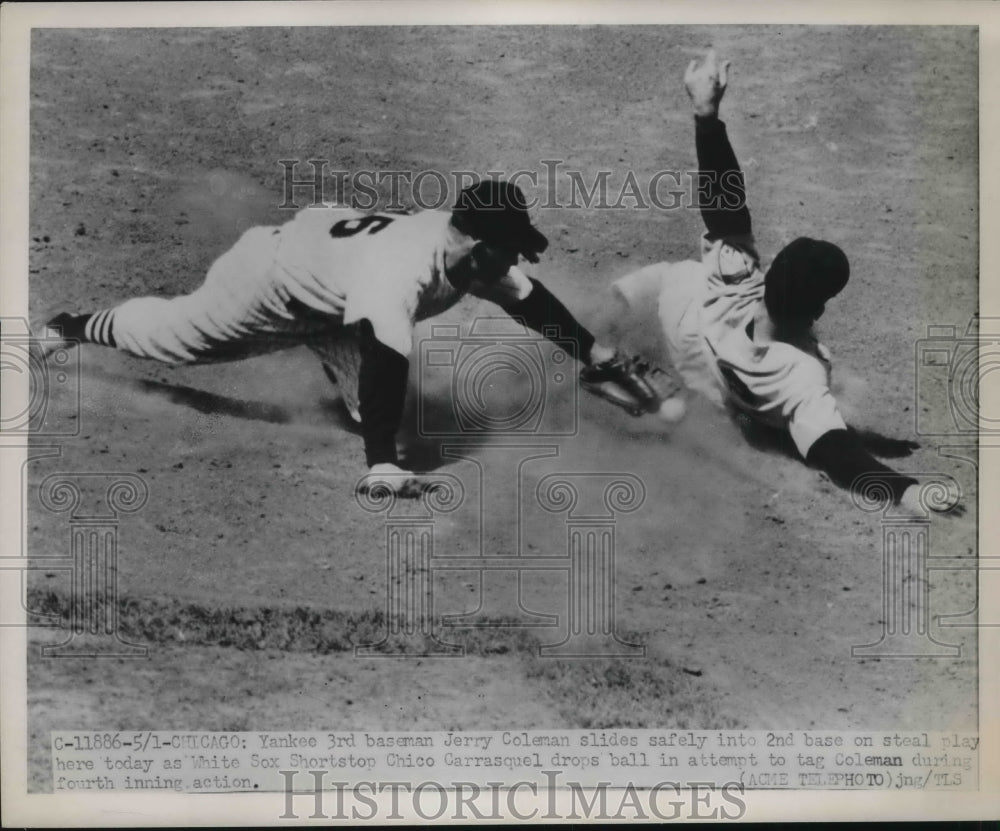 1951 Press Photo Yankees 3rd Baseman Jerry Coleman &amp; White Sox Chico Carrasquel - Historic Images