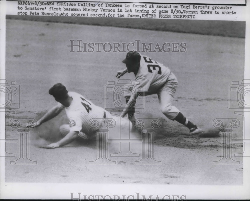 1951 Press Photo Yankees Joe Collins Forced at 2nd on Yogi Berra&#39;s Grounder - Historic Images