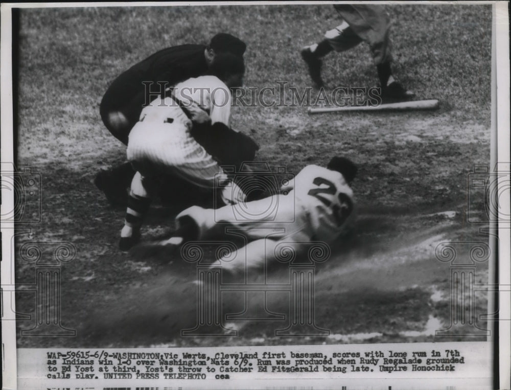 1954 Press Photo Vic Wertz Indians Scores Run Ed Fitzgerald Senators MLB Game - Historic Images