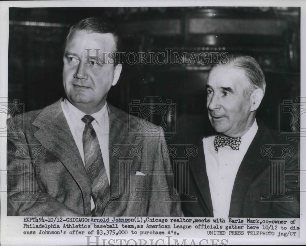 1954 Press Photo Arnold Johnson Chicago Realtor Earle Mack Co-owner Athletics - Historic Images