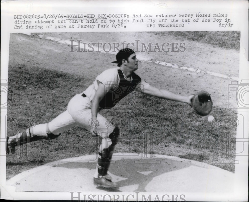 1969 Press Photo Gerry Moses of Boston Red Sox Attempts to Hold onto Foul Ball - Historic Images