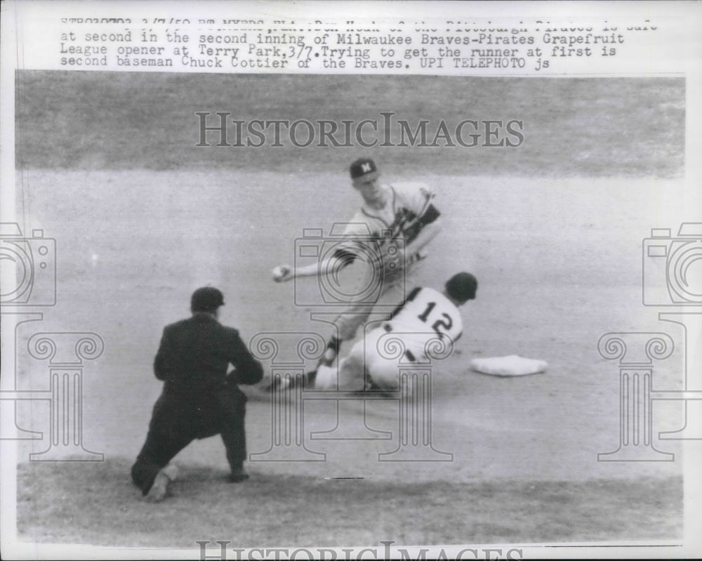 1959 Press Photo Don Hoak Pirates Safe At 2nd Chuck Cottier Braves MLB Game - Historic Images