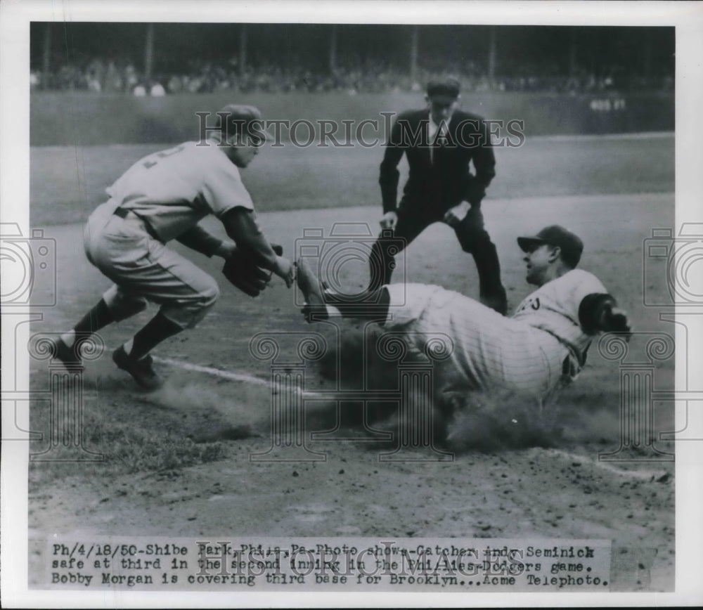 1950 Press Photo Philly Andy Seminick Slides Past Dodger Bobby Morgan At Third. - Historic Images