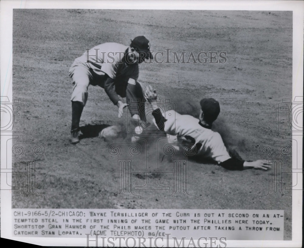 1950 Press Photo Cubs' Terwilliger Out by Phillies' Gran Hamner in Chicago - Historic Images