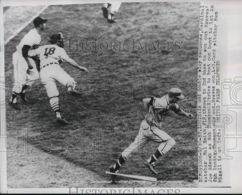 1956 Press Photo Braves Bob Thornton out at 2nd vs Cardinals - nes01920 - Historic Images