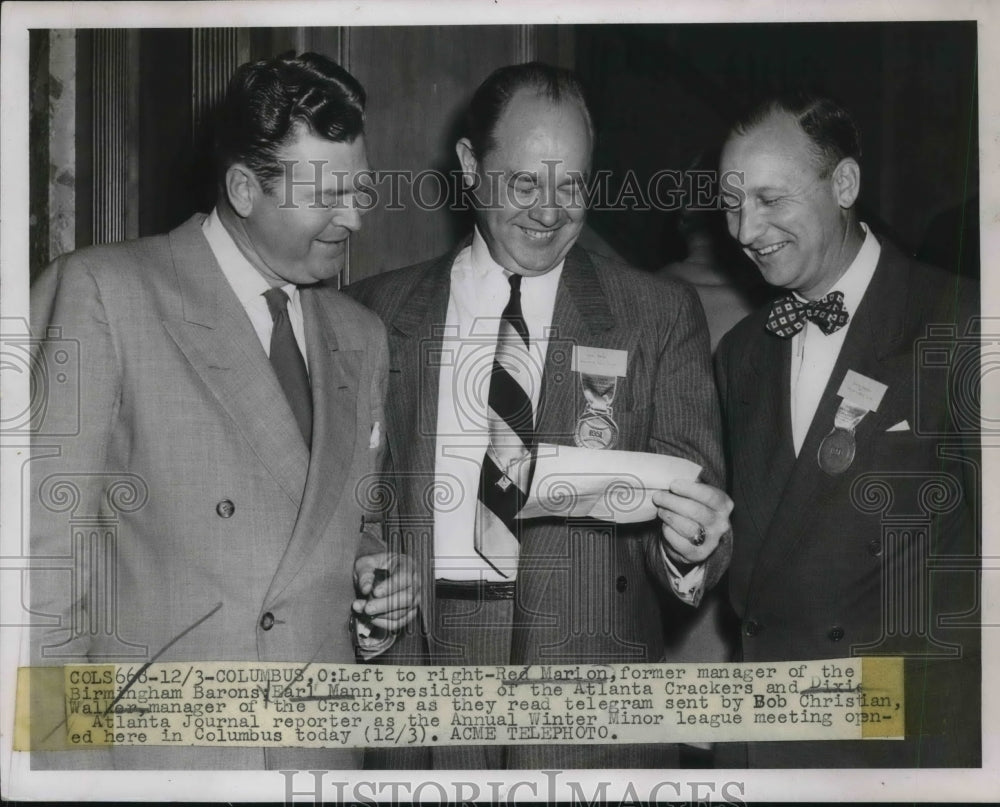 1951 Press Photo Red Marion, Earl Mann pres of Crackers &amp; Dixie Walker mgr - Historic Images