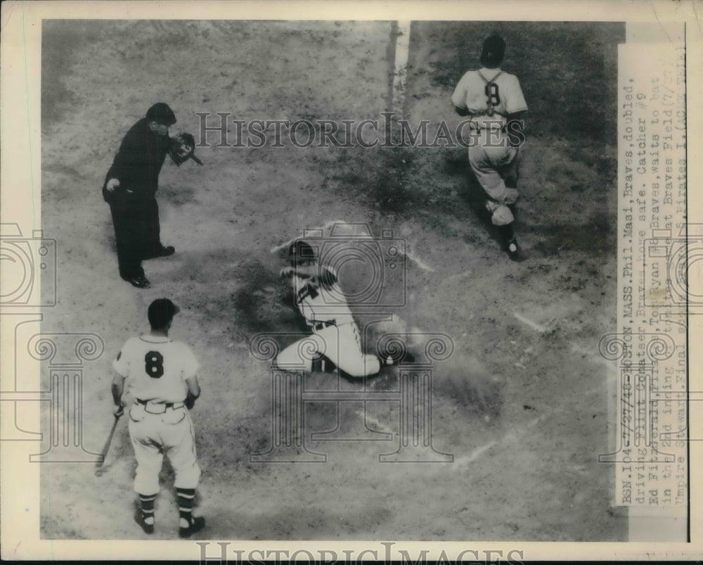 1948 Press Photo Braves Flint Comaster safe at home vs Ed Fitzgerald of Phils - Historic Images