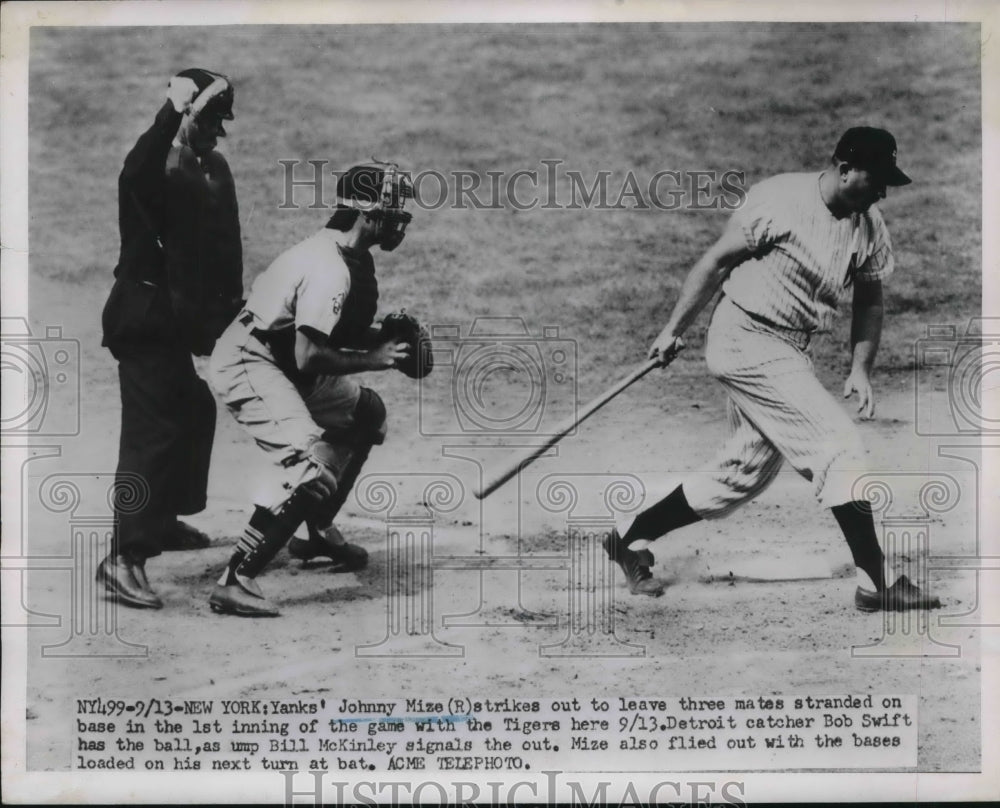 1951 Press Photo Johnny Mize Yankees Strikes Out Bob Swift Catcher Tigers MLB - Historic Images