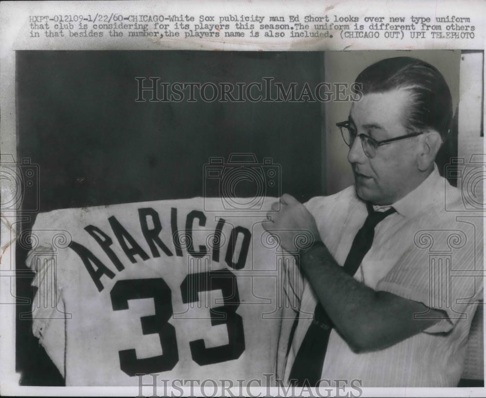 1960 Press Photo White Sox Publicity Man Ed Short with New Uniform - nes02126 - Historic Images