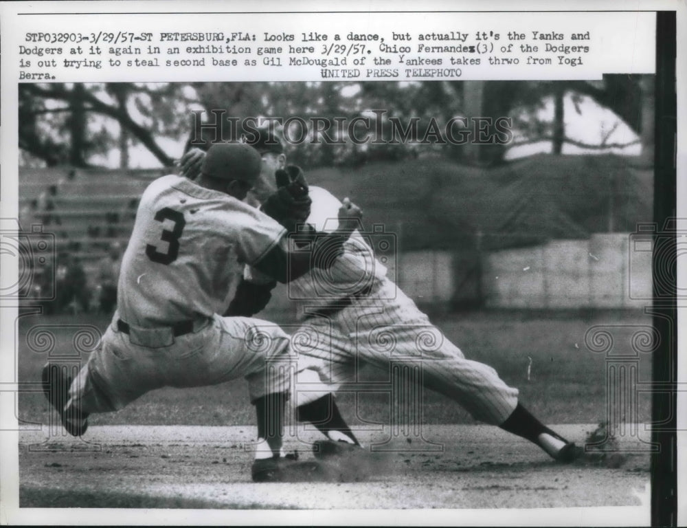 1957 Press Photo Chico Fernandez of Dodgers Out on Steal, Yankees Gil McDonald - Historic Images