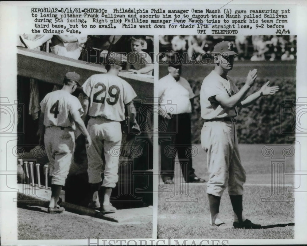 1961 Press Photo Philadelphia Phillies Manager Gene Mauch & Frank Sullivan Pitch - Historic Images