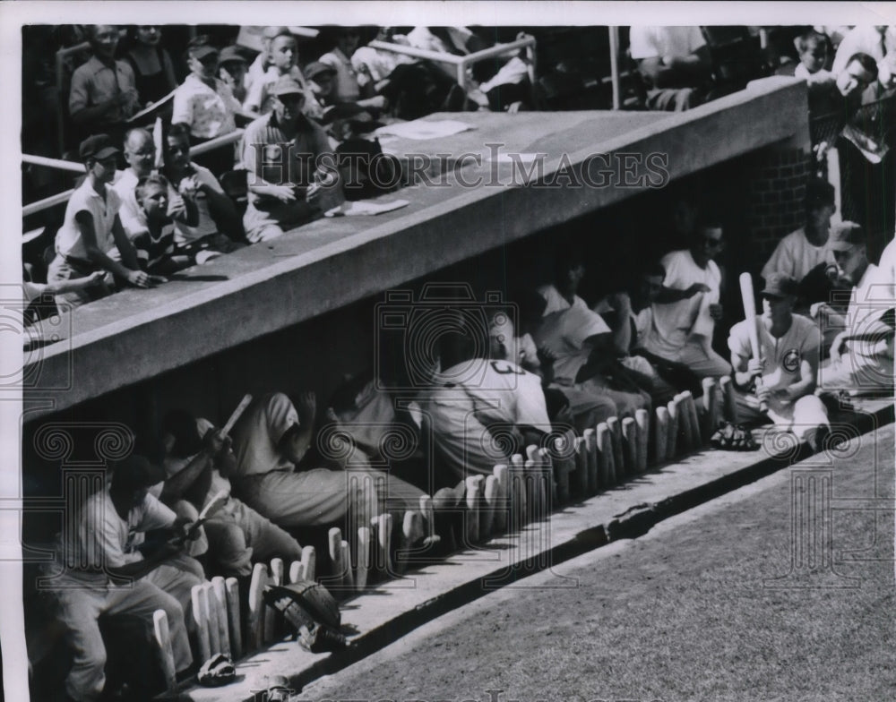 1955 Press Photo Cubs duck errant ball hit by Gene Baker that ricocheted dugout - Historic Images