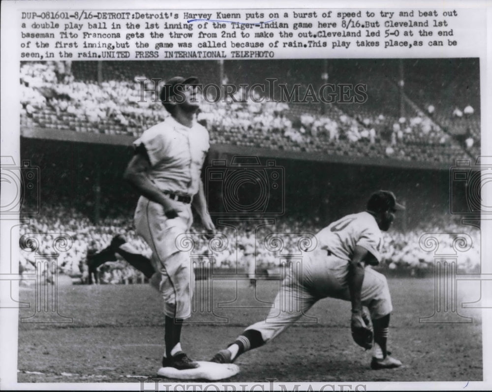 1959 Press Photo Detroit&#39;s Harvey Kuenn thrown out at first vs Indians - Historic Images