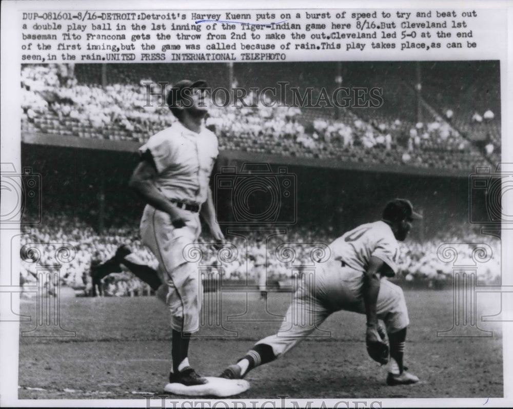1959 Press Photo Detroit's Harvey Kuenn thrown out at first vs Indians - Historic Images
