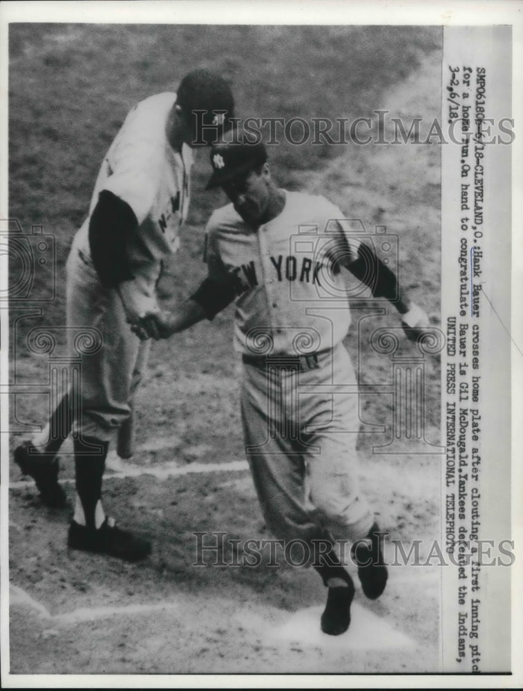 1958 Press Photo Hank Bauer of Yankees Crosses Plate on Home Run, Gil McDougald - Historic Images