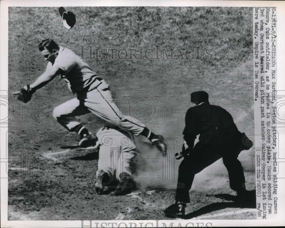 1951 Press Photo Carmen Mauro Cubs Scores Run Max Surkont Red Sox Misses Tag MLB - Historic Images